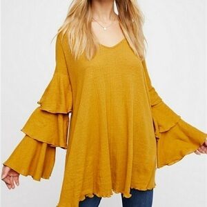 Free People Beach Golden Mustard Ribbed Ruffle Sleeves Oversized Tunic Top XS